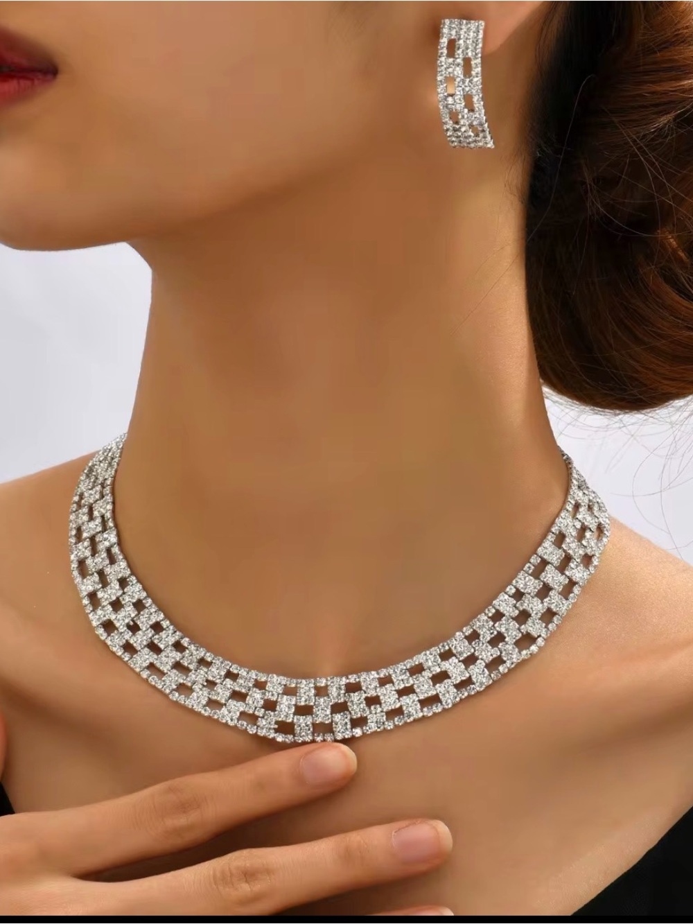 Silver Crystal Wedding Necklace Earrings Set Jewelry